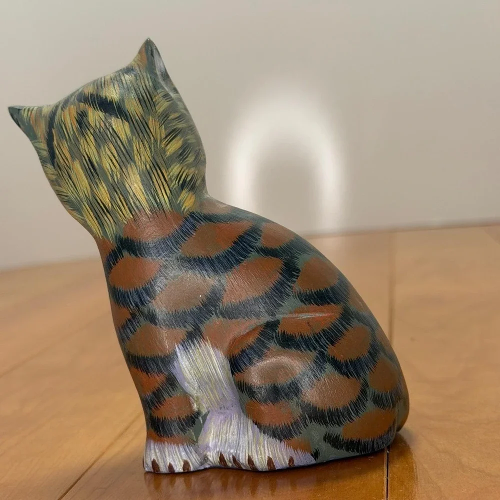 Hand Painted Wood Cat Figurine – Folk Art Tabby Sculpture w/ Amber Eyes 5